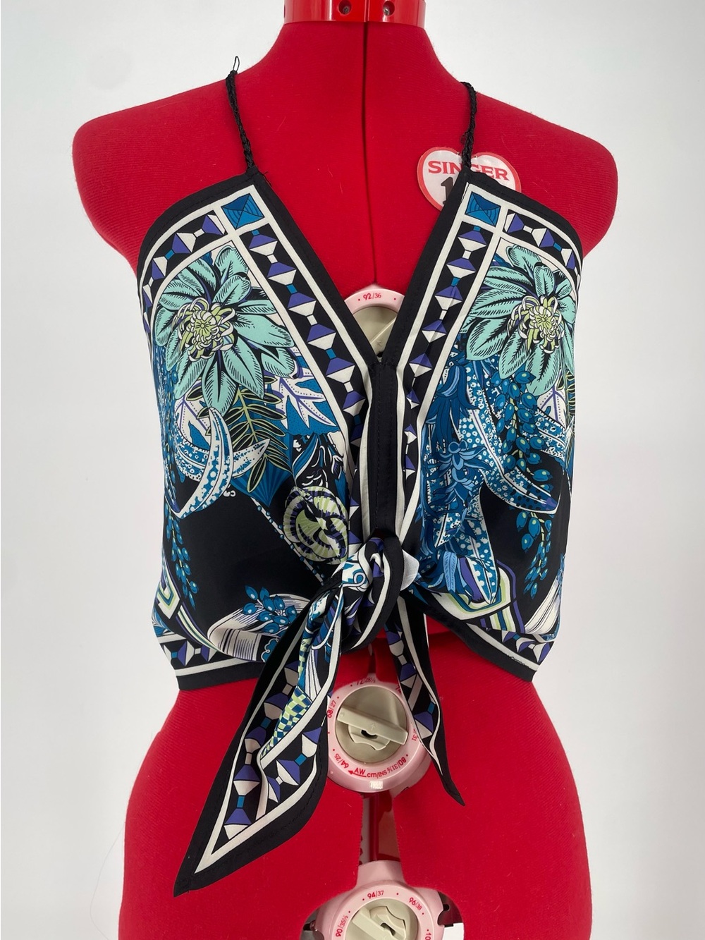 Blue Floral Halter Tie Neck Scarf Top Open Back Crop Top Boho Festival Top